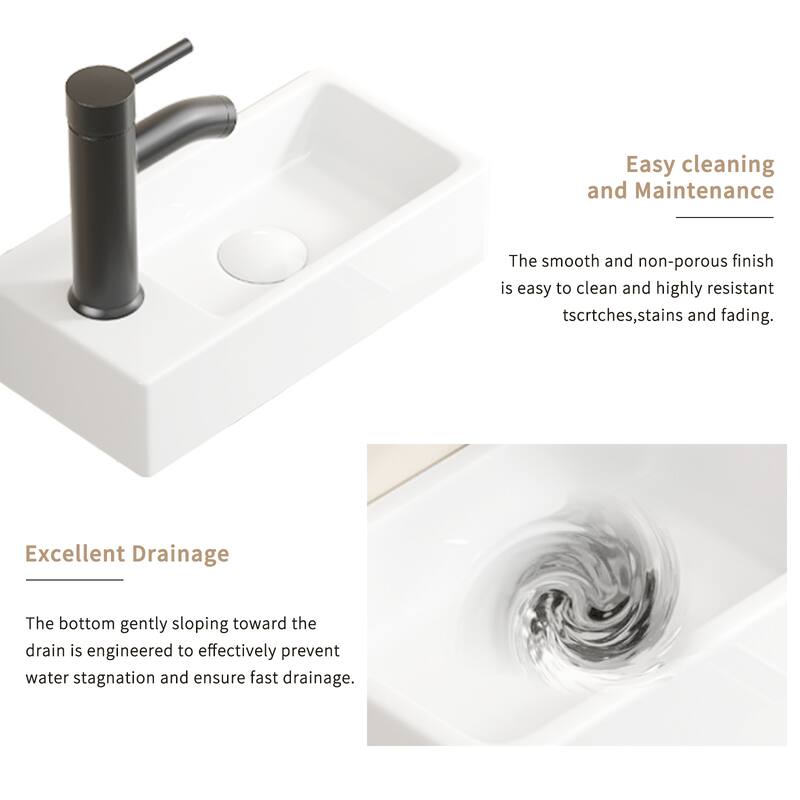 GDFStudio - Kairo 18" Modern Ceramic Wall Hung Cloakroom Basin Sink with Rectangular Basin, without Tap and Drain