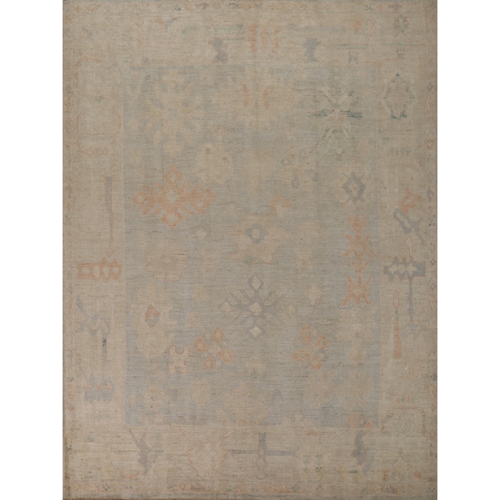 Geometric Vegetable Dye Oushak Turkish Rug Hand-Knotted Wool Carpet - 6'3"x 8'2"