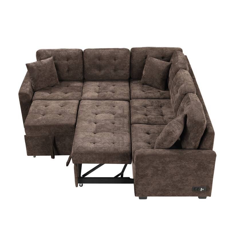 82.6" Velvet L-Shape 4-Seat Sectional Sleeper Sofa with USB Ports, Power Sockets and Wheels