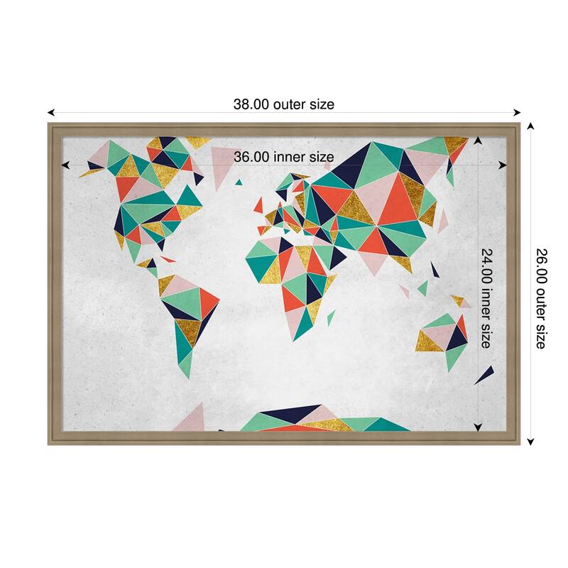 Amanti Art Framed Fabric Pinboard Geometric World Map by Inner circle Printed Bulletin Board - Board Size 36 x 24