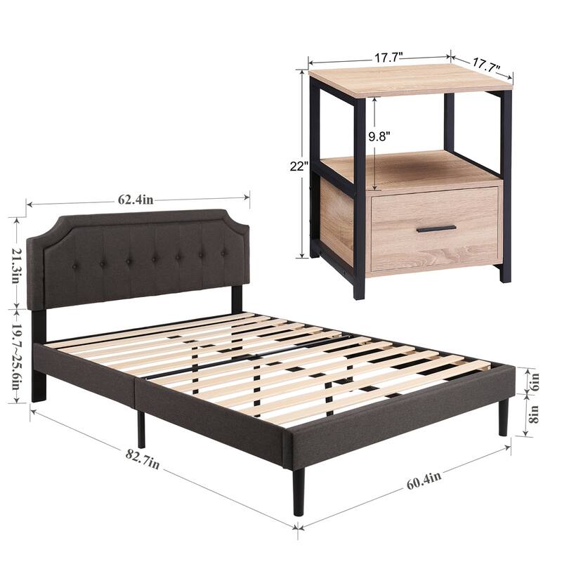 VECELO 3-Pieces Modern Upholstered Bed with Height Adjustable Headboard and Nightstands Sets