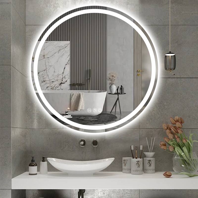 Round LED Bathroom Mirror Frameless Wall Mounted LED Bathroom Vanity Mirror Dimmable Anti-Fog 3 Colors LED Makeup Mirror