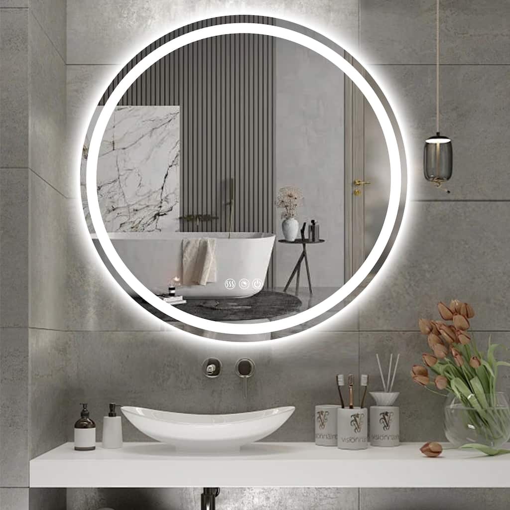 Round LED Bathroom Mirror Frameless Wall Mounted LED Bathroom Vanity Mirror Dimmable Anti-Fog 3 Colors LED Makeup Mirror