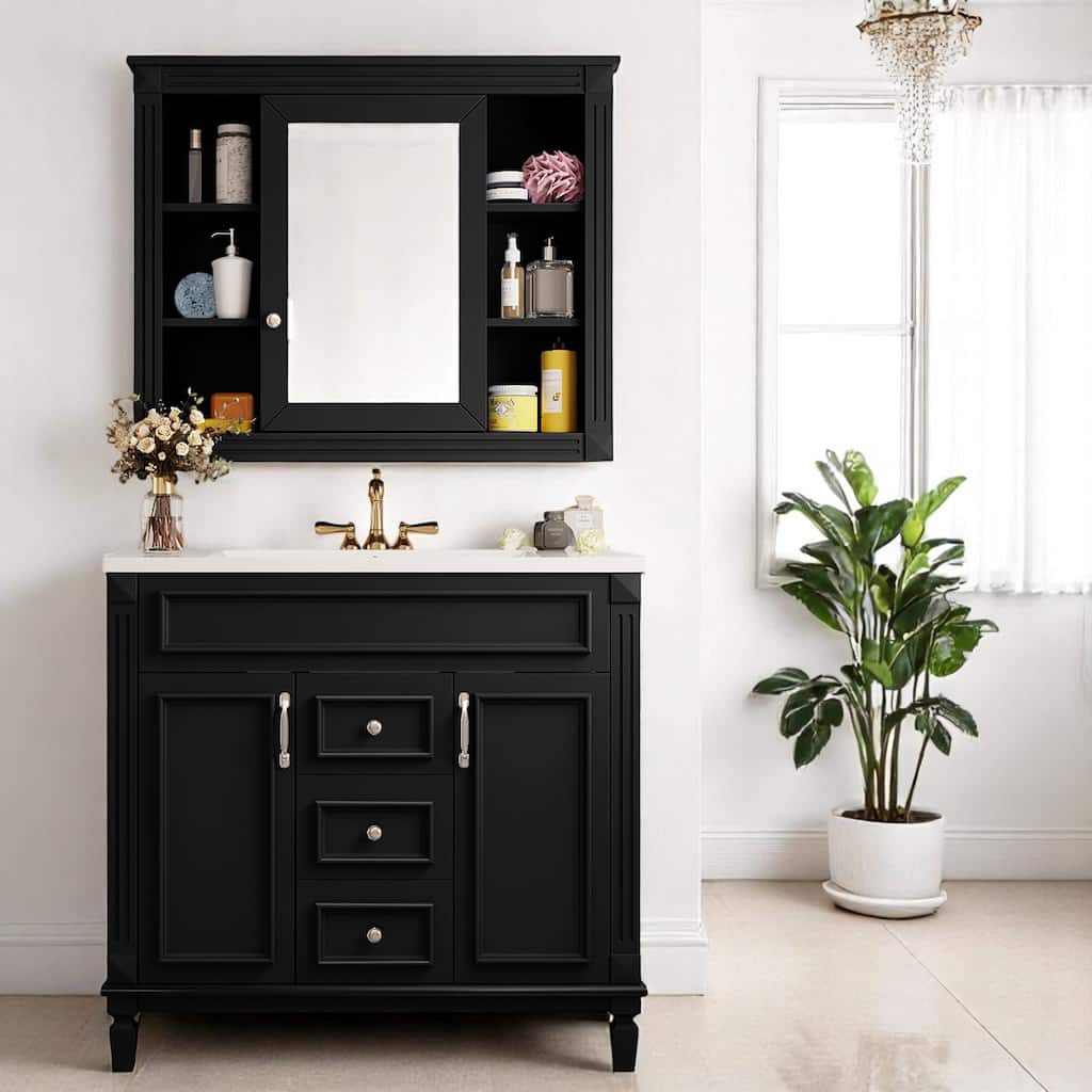 36 Inch Bathroom Vanity Set with Ceramic Sink and Wall Mirror Cabinet, 2 Doors and Drawers, Modern Freestanding Unit