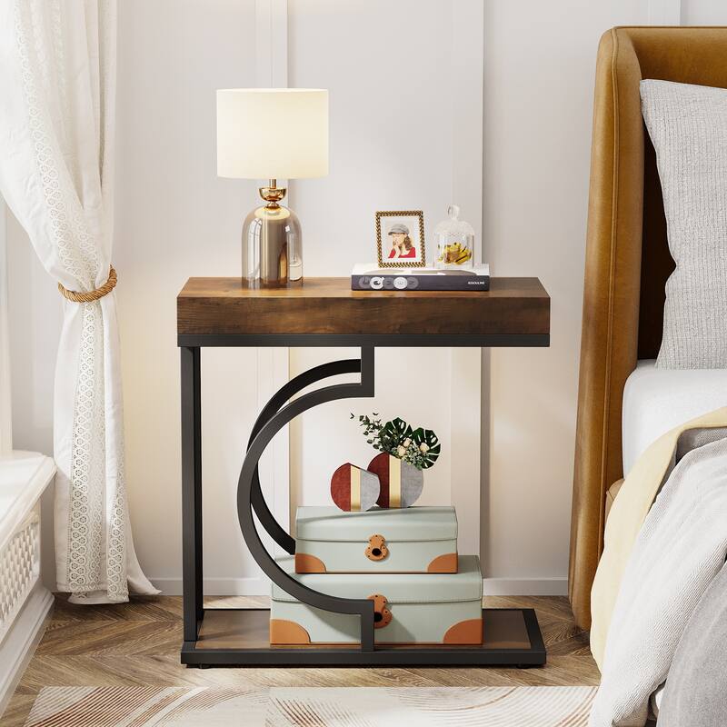 Narrow Side Table C Shaped End Table for Living Room