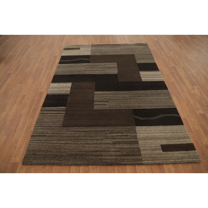 Hand Knotted Oriental 100% Wool Carpet Modern Geometric Brown Gabbeh Area Rug - 7' 9'' X 5' 5''