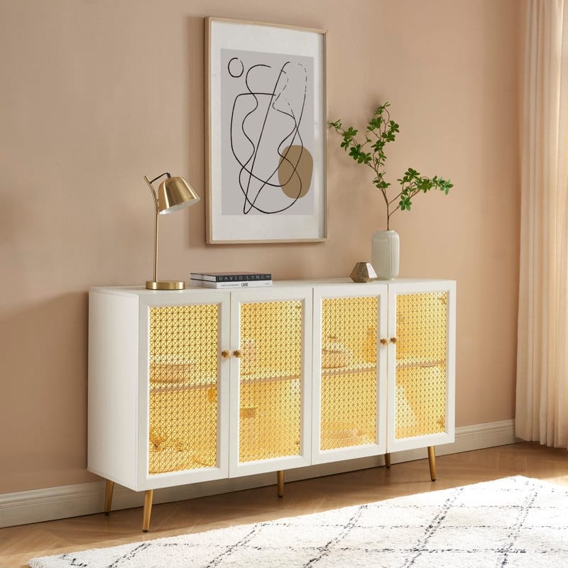 61.7''W Four Door Wood Buffets and Sideboards Storage Cabinet with LED Light - White