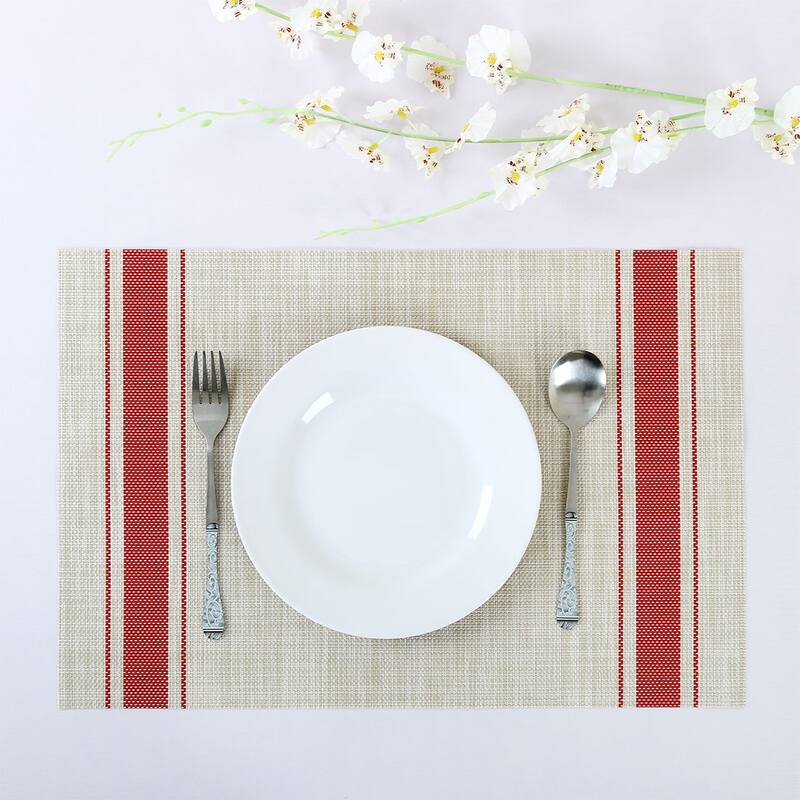 Woven Placemats Set of 6 Heat Resistant Place Mats Anti-slip PVC - Red+Beige