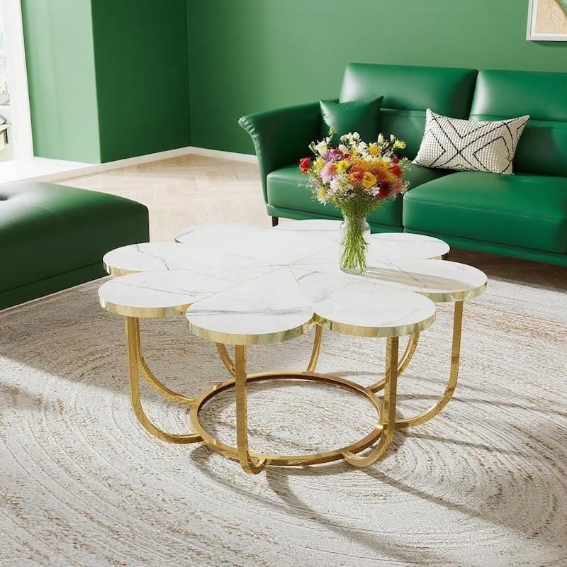 Beige and Gold Floral Coffee Table with Marble Pattern Scratch Resistant Top and Gold Coated Metal Frame