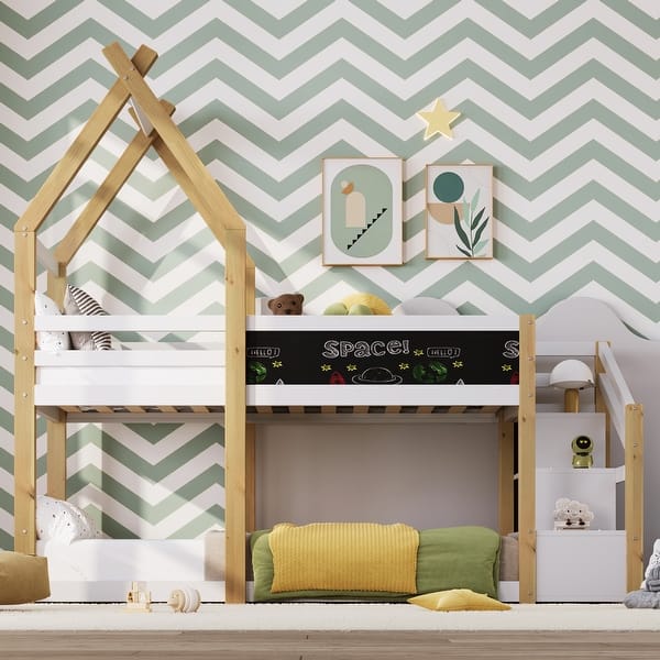 slide 2 of 17, Twin over Twin House Bunk Bed Low Loft Bed Wood Slat Support with Storage Staircase and Blackboard & Safety Guardrail - White White - 1 Blackboard - Twin