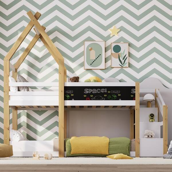 slide 2 of 33, Twin over Twin House Bunk Bed Low Loft Bed Wood Slat Support with White Storage Staircase and Blackboard & Safety Guardrail White - 1 Blackboard - Twin