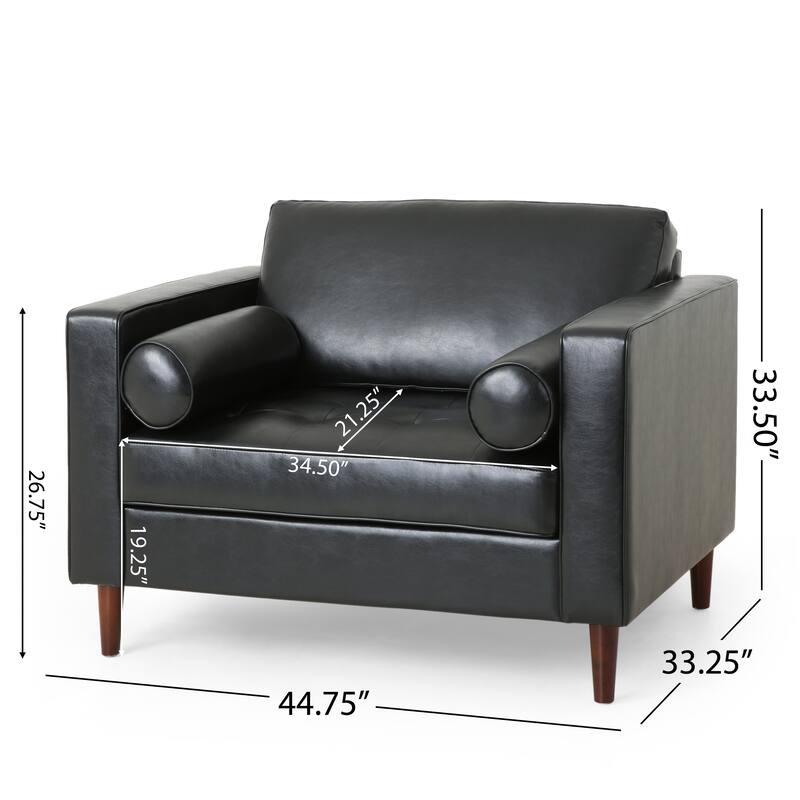 Roomfitters Faux Leather Armchair with Tufted Seat, Round Bolster Pillows and Wooden Legs for Living Room, Black