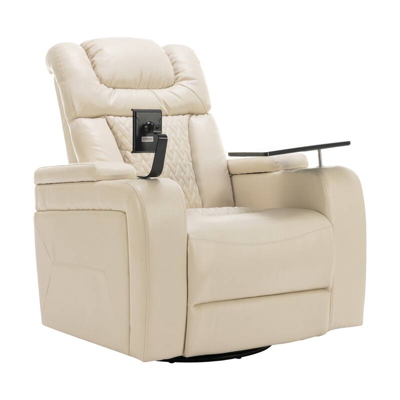 Roomfitters Swivel PU Leather Power Recliner Home Theater Recliner with Tray Table USB Port and Cup Holder