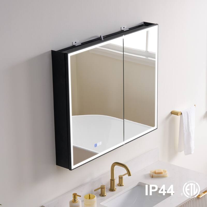 30'' H Recessed Or Surface Wall Mounted LED Mirror Cabinet With Mirror And Adjustable Shelves,Black Frame