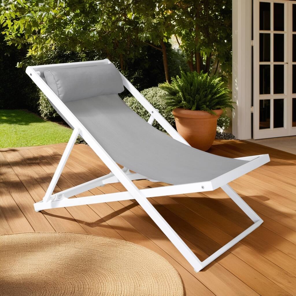 Gray Adjustable Outdoor Patio Lounge Chair with White Aluminum Frame
