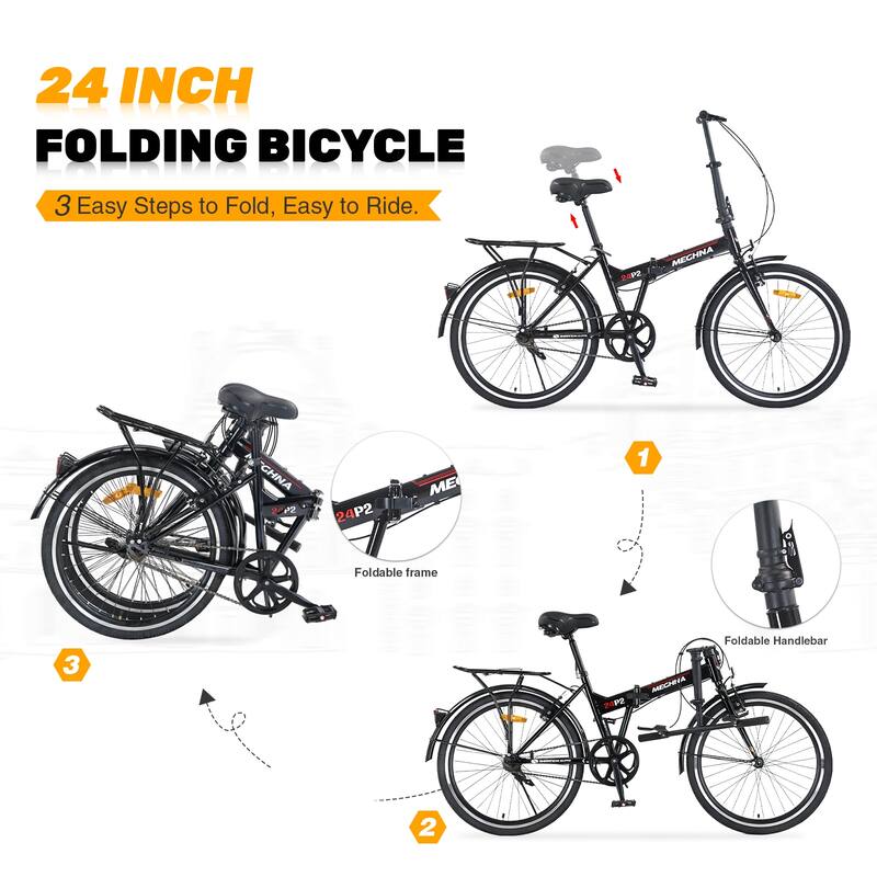 24 Inch Folding Bike with Fenders, Single Speed City Commuter Bicycle with Dual V-Brake, Steel Frame Portable Compact Bicycle