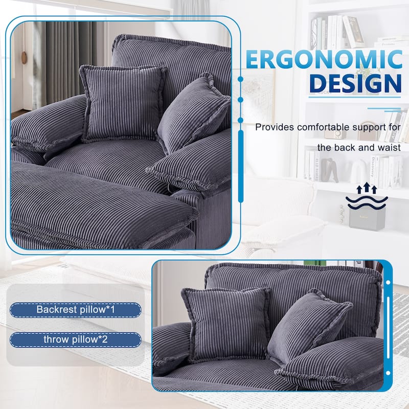 56.3 Inch Corduroy Single Deep Seat Sofa Chair With 2 Toss Pillows and a Ottoman