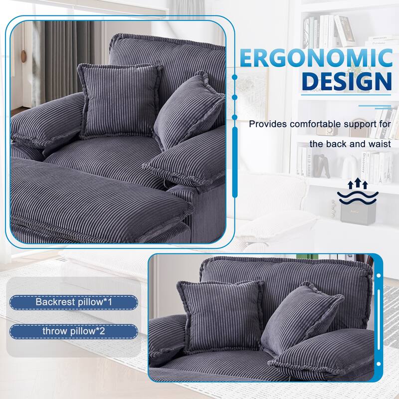 Corduroy Single Sofa Sets with Ottoman and 2 Toss Pillows, Deep Seat Design
