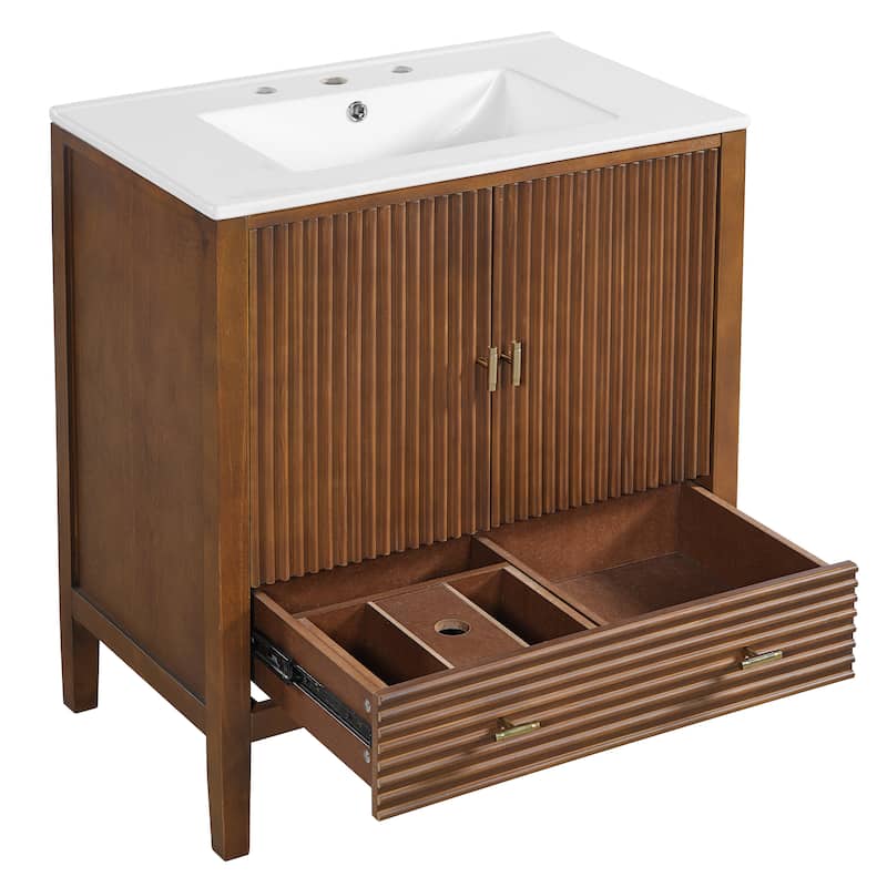 Christopher Knight Home - Mid-Century Freestanding Bathroom Vanity with Ceramic Sink, Flip-Up & Dual Drawers