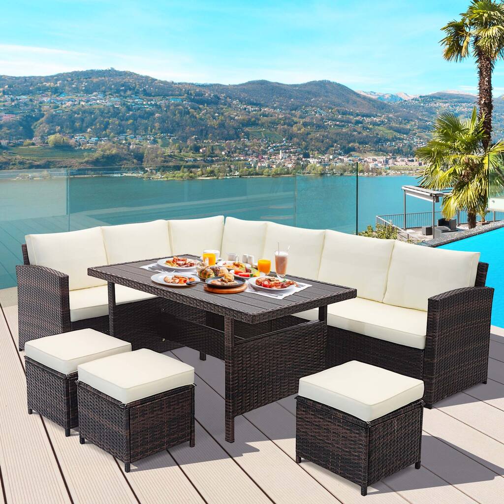 7 PCS Patio Furniture Rattan Set Conversation Sofa Coffee Table