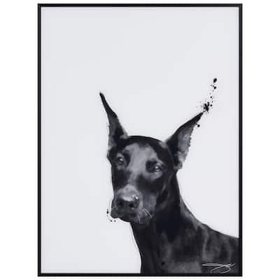 "Doberman" Black and White Pet Paintings on Printed Glass Encased with a Black Anodized Frame