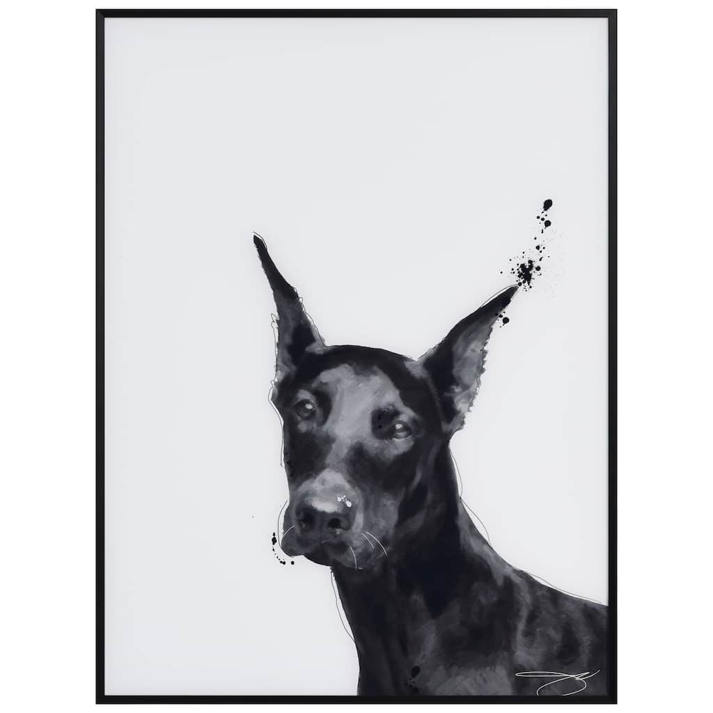 "Doberman" Black and White Pet Paintings on Printed Glass Encased with a Black Anodized Frame