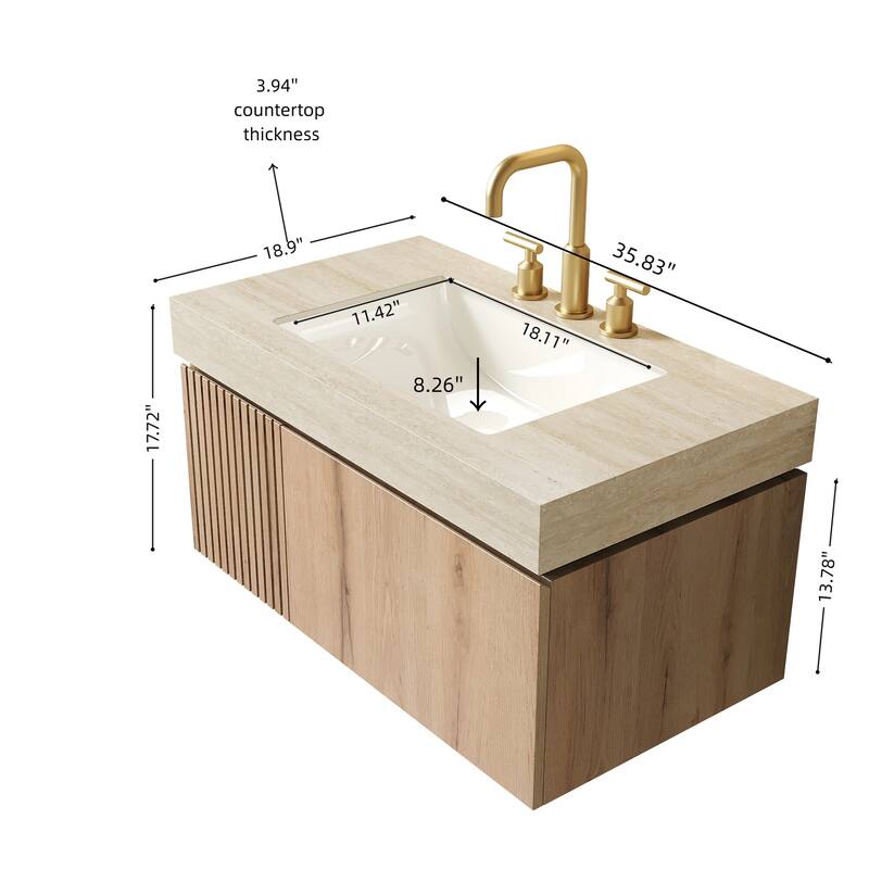 36" Floating Bathroom Vanity & Sink - Plywood Cabinet with Drawer, Stone Top & Ceramic Basin, Pre-Assembled