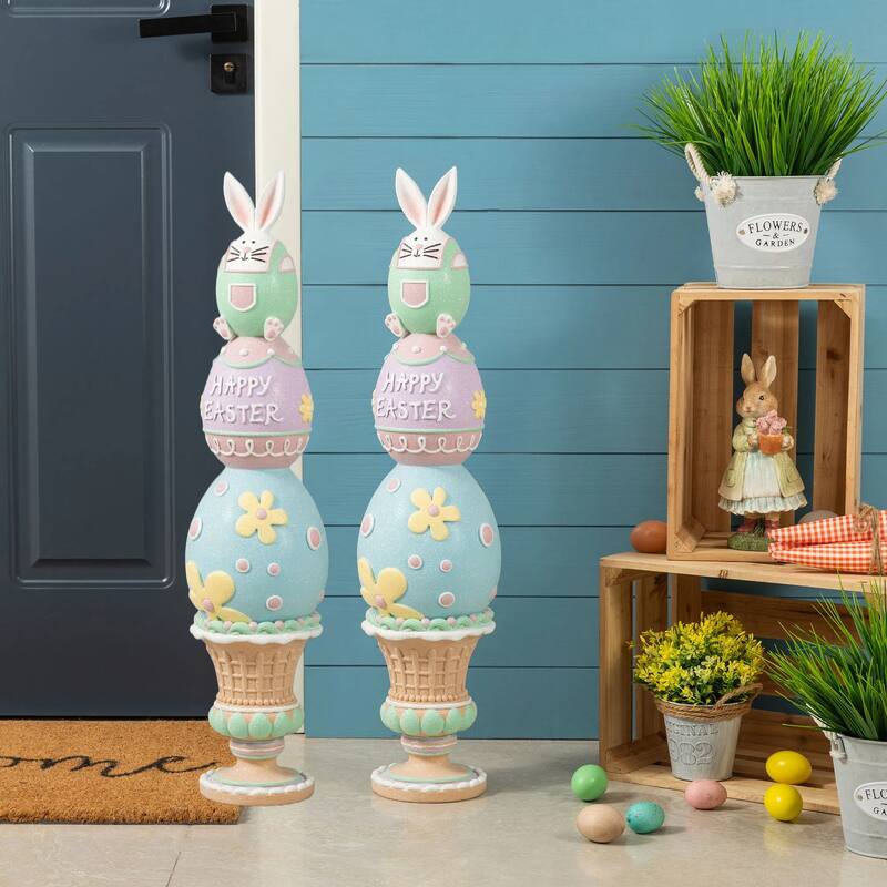 Glitzhome 30.5"H Easter Resin Macaron Stacked Egg & Bunny Porch Decor - 2-Piece