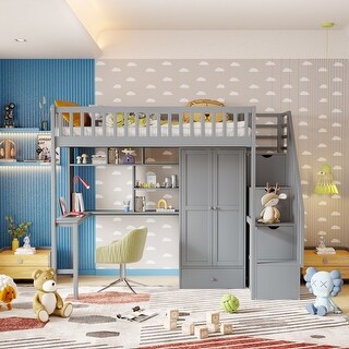 Modern Twin size Loft Bed with Bookshelf,Drawers,Desk,and Wardrobe
