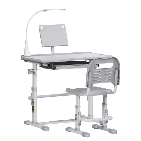 slide 2 of 10, Kids Desk and Chair Set, Height Adjustable School Study Table and Chair, Student Writing Desk with Tilt Desktop - Grey Grey
