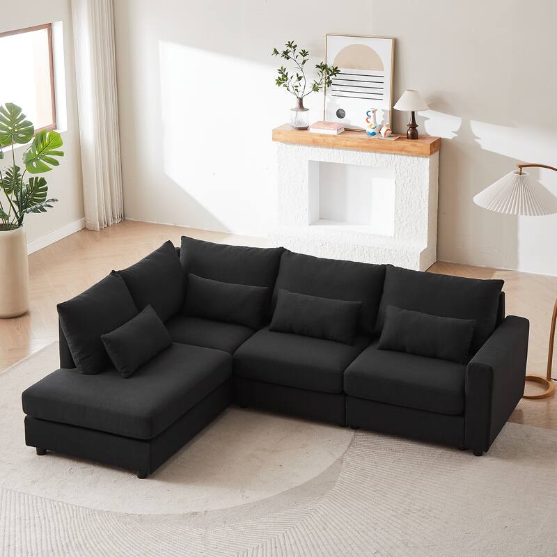 100.2" Linen L-Shaped Sectional Sofa with Ottoman & Lumbar Pillows