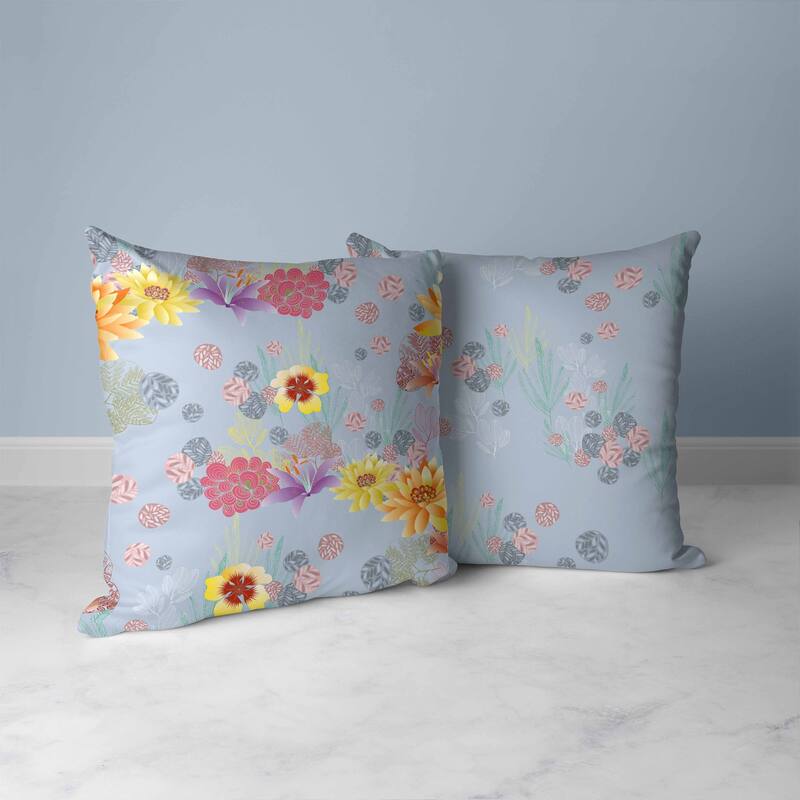 Colorful Flora Faux Suede Reversible Throw Pillow Blue and Multi