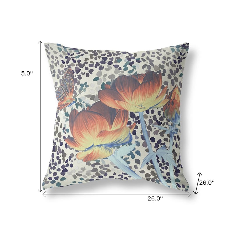 HomeRoots 26" x 26" Orange Butterfly Blown Seam Floral Indoor Outdoor Throw Pillow - 26.00' X '5.00' X '26.00