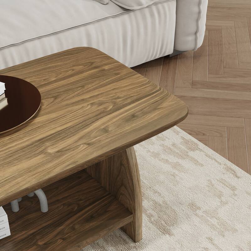 47 Inch Modern Living Room Coffee Table, Double-Layer Rectangular Coffee Table With Storage Function, Rounded Corner Design