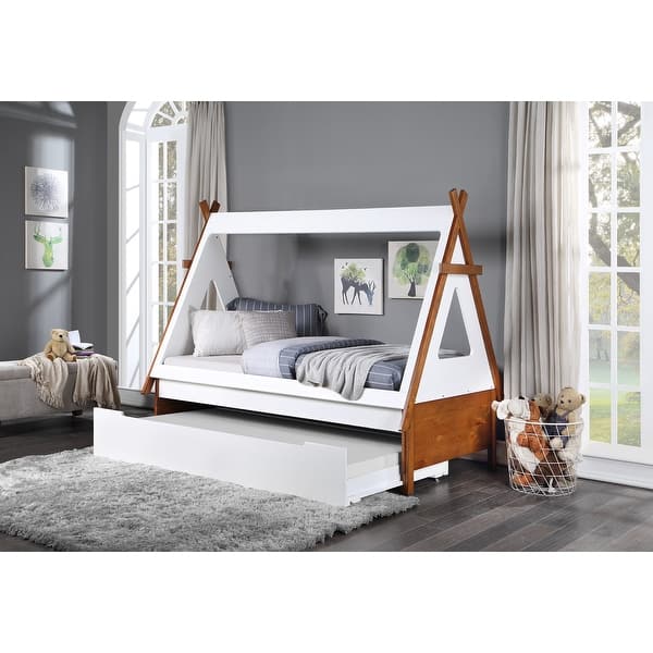 Twin Size Wood Trundle Bed, House Bed with Two Windows Supported By