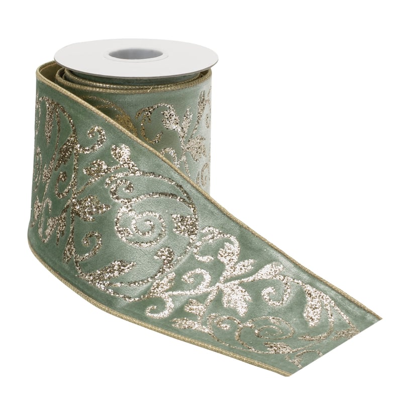 Green Glitter Wired Ribbon 4x5 Yards for Holiday Crafts and Wrapping - 180” x 4”x 0.25”