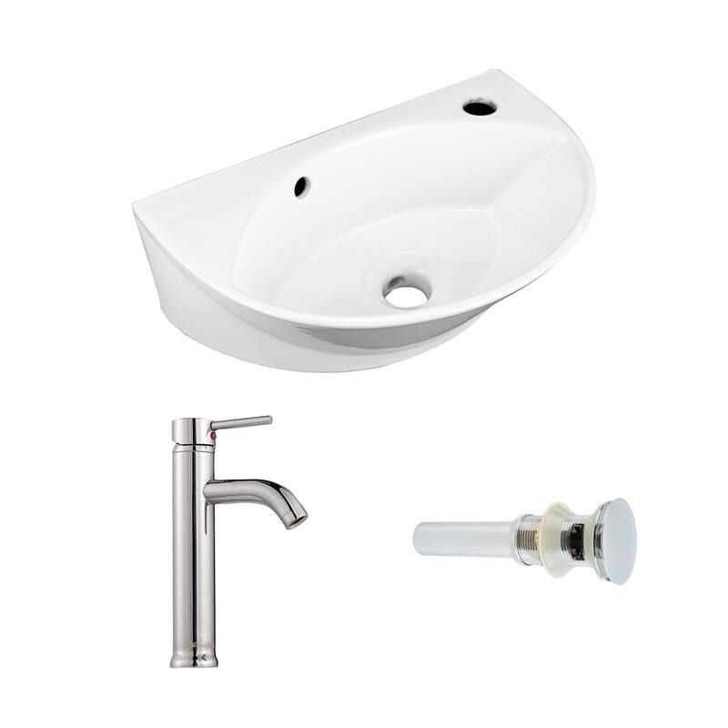 17" White Juniper Wall Mount Bathroom Sink with Chrome Plate Faucet, Overflow and Drain
