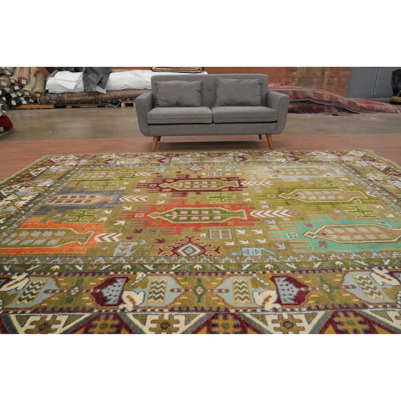 Hand Knotted Oriental 100% Wool Carpet Traditional Geometric Green Kazak Area Rug - 11' 10'' X 8' 11''