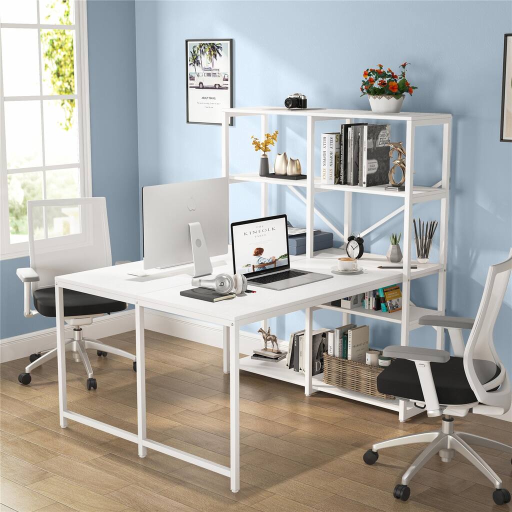 Double Computer Desks with Bookshelves, Dual Office Desk