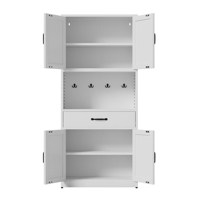 71" White Steel Kitchen Pantry with Large Countertop, Adjustable Shelves, Drawers & Hooks