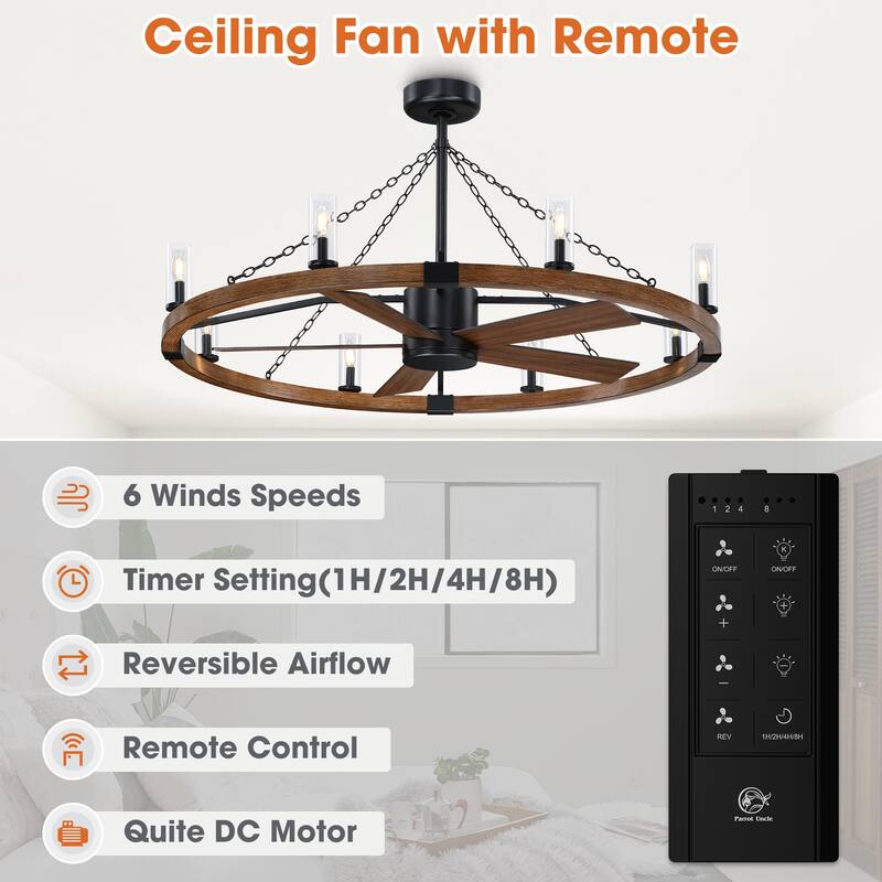 52" Farmhouse Black Wagon Wheel Caged Chandelier Ceiling Fan with Light and Remote