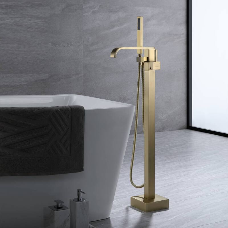 Floor Mount Waterfall Bathtub Faucet With Hand Shower, Single Handle Freestanding Bathroom Tub Filler Trim With Handheld