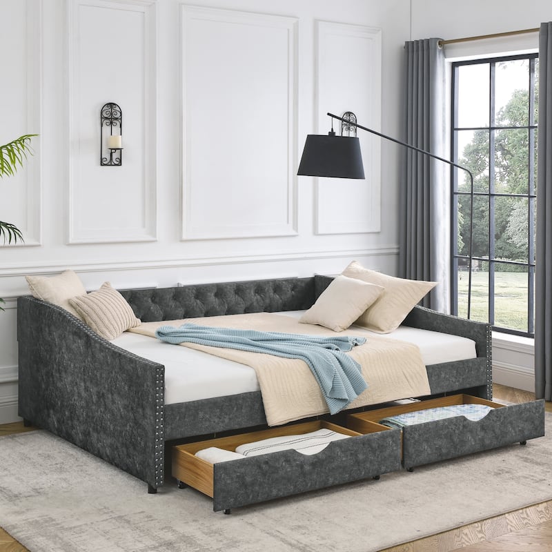 Queen Size Daybed with Drawers Upholstered Tufted Sofa Bed, with Button and Copper Nail