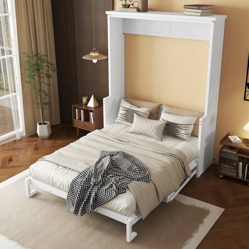 Queen Size Murphy Bed Space-Saving Hidden Wall Bed Cabinet with Gas Struts - White - Queen