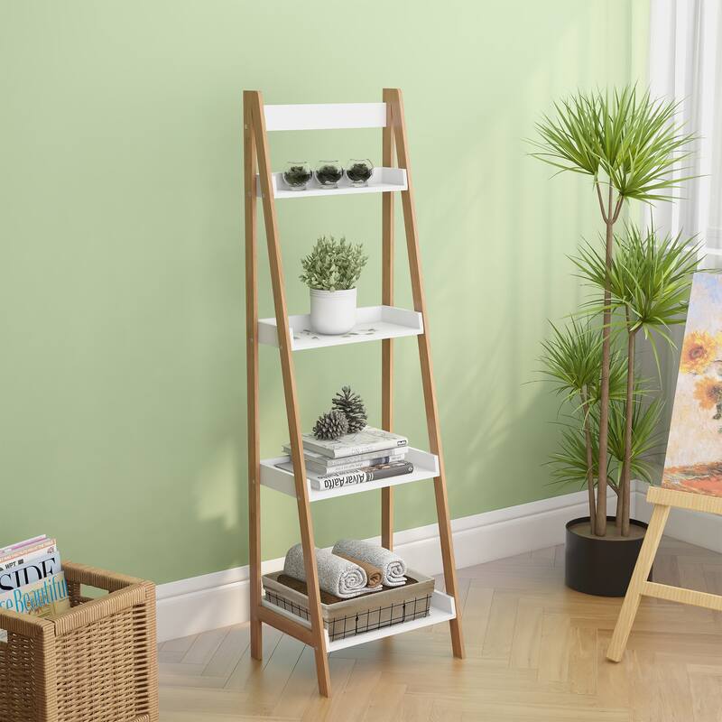 4-Tier Solid bamboo Wood "A" Frame Ladder Display Bookshelf
