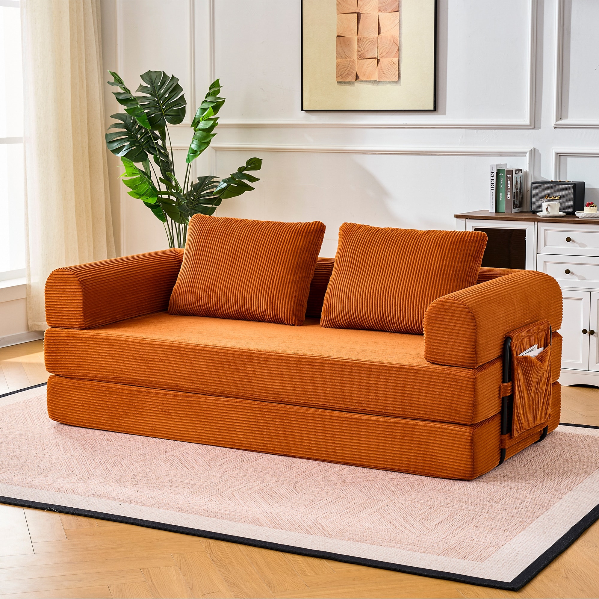 Convertible Sleeper Sofa Bed with Cylindrical Pillow, Modern Corduroy 2 Seat Cushion Sofa with Fixed-Shape Frame for Living Room