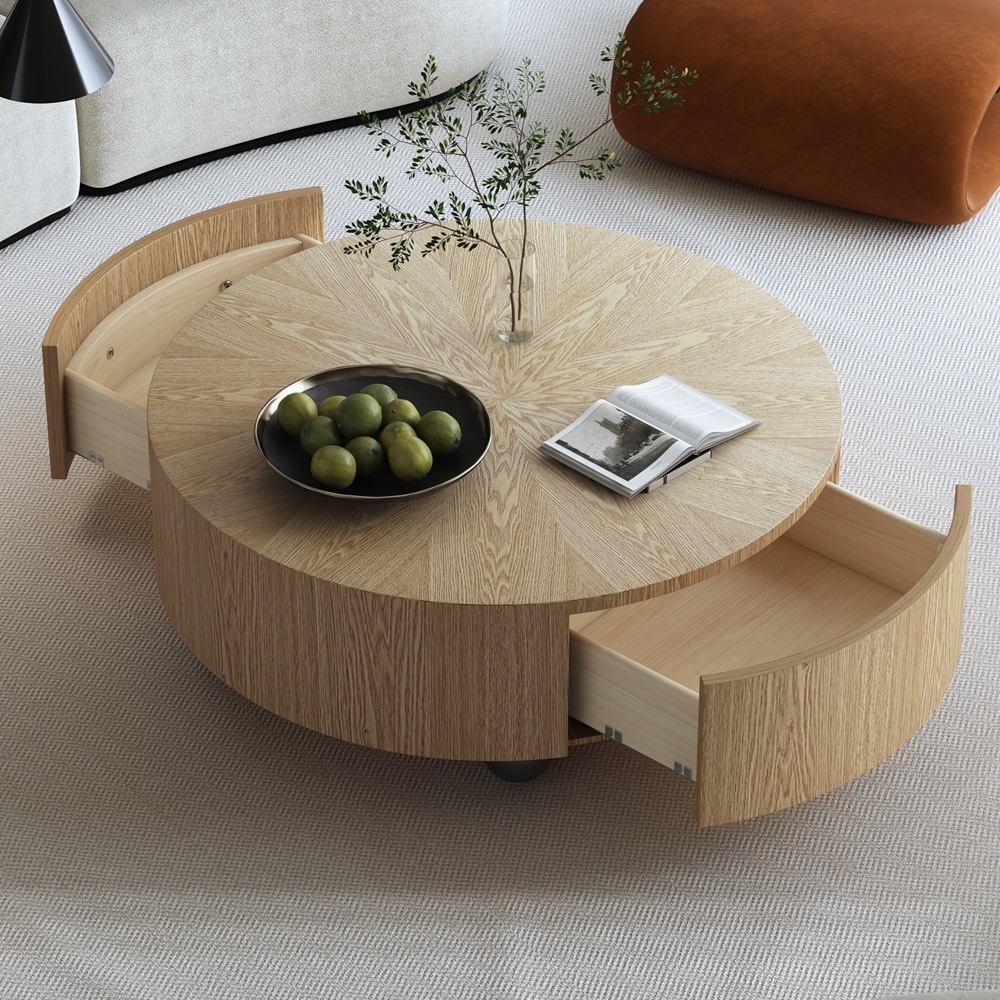 Round Wood Coffee Table with Ash Veneer for Living Room