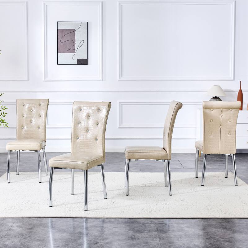 A set of 4 white and black vintage crocodile leather cushioned dining chairs, featuring crystal clasp design and leather