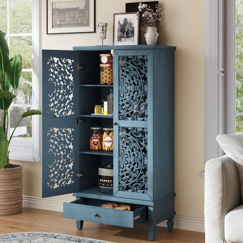 Rustic 55" Tall Storage Cabinet with Drawer, Decorative Carved Wood Accent for Living Room or Dining Area