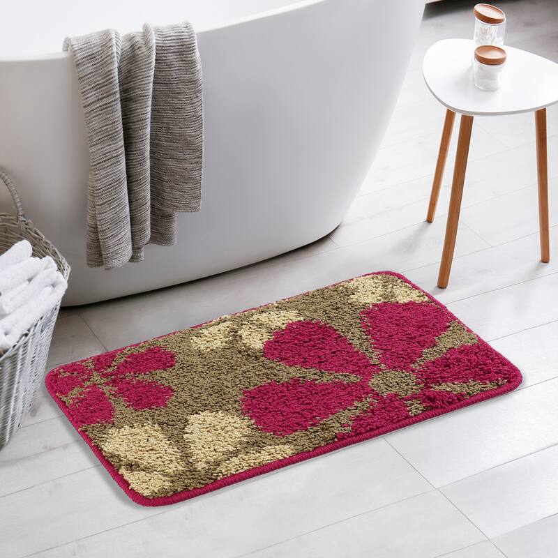Floral Bath Mat, Plush Shaggy Bathroom Rug, Checked Washable Bath Carpet for Bathroom Floor, Tub and Shower Room